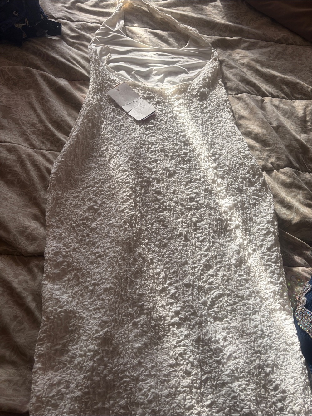 Zara White Textured Backless Halter Dress